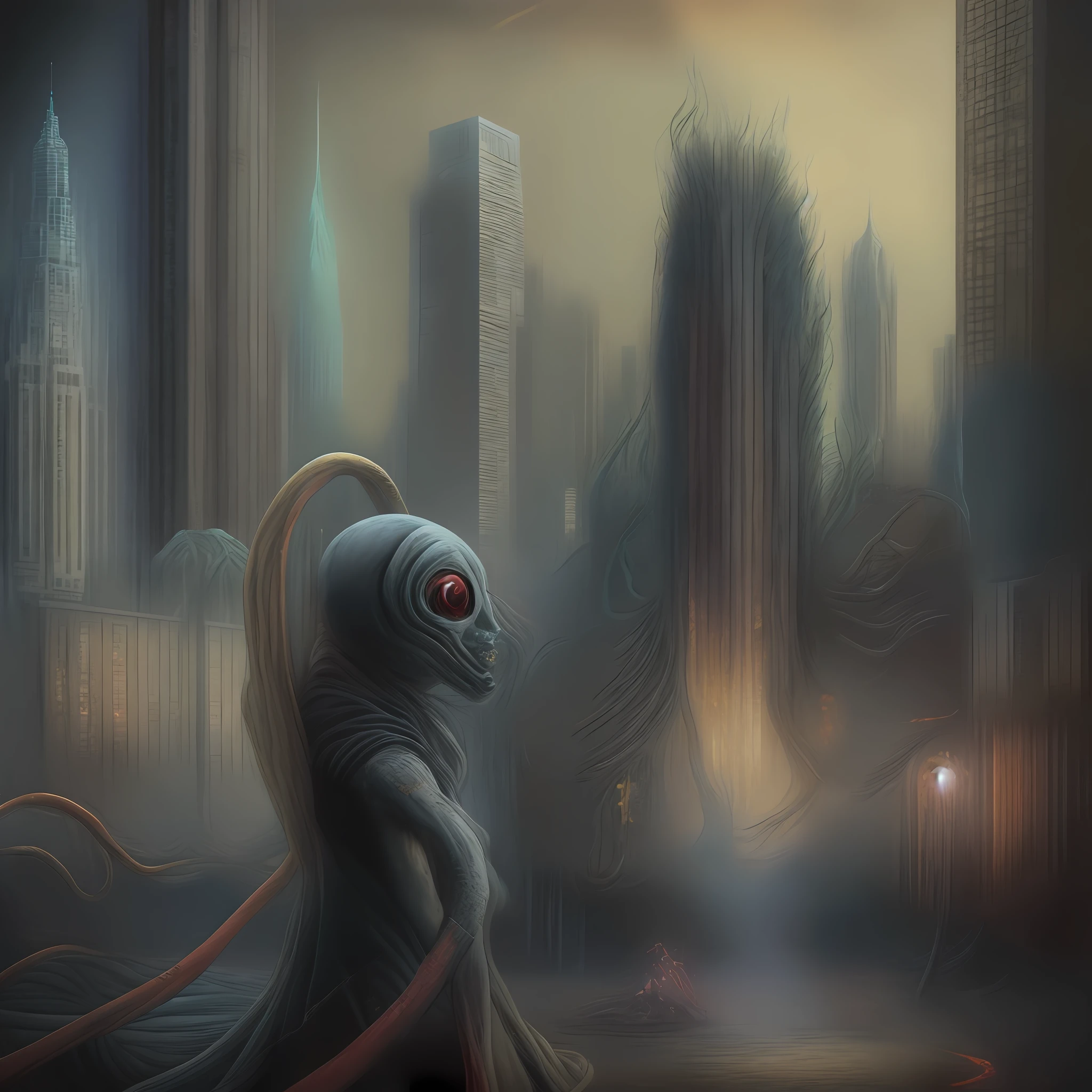 photo, a strange looking creature standing in the middle of a city (megademons style:1)