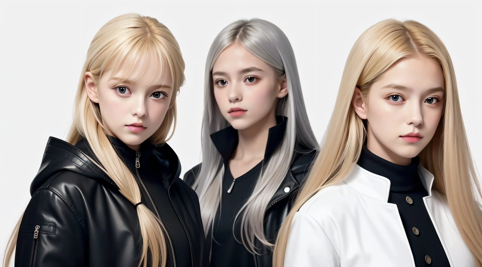 CHILDREN girls 10 years old, BLONDE hair, long hair, SILVER JACKET, masterpiece, best quality, realistic, broad shoulders, small head, upper body, (white background: 1.3), mouth closed.