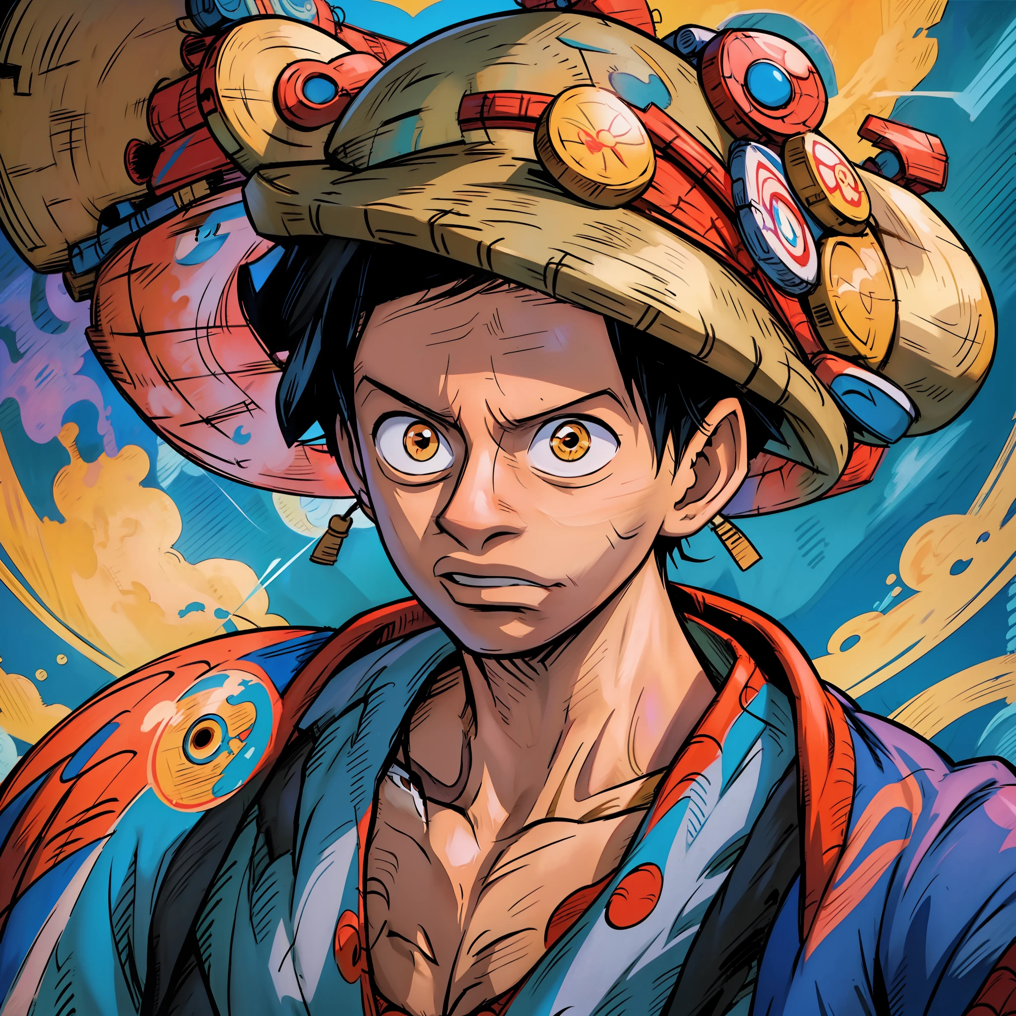 (Masterpiece), (4K), (High Quality), Luffy (One Piece), Wano Conty, Spiderman Multiverse Style, Dragon Behind Luffy, On Top of a Japanese House, Luffy's Focused Camera, Luffy's Portrait