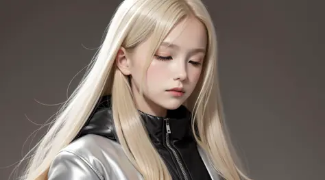 CHILDREN girls 10 years old , BLONDE hair long hair, SILVER JACKET, masterpiece, best quality, realistic, broad shoulders, small...