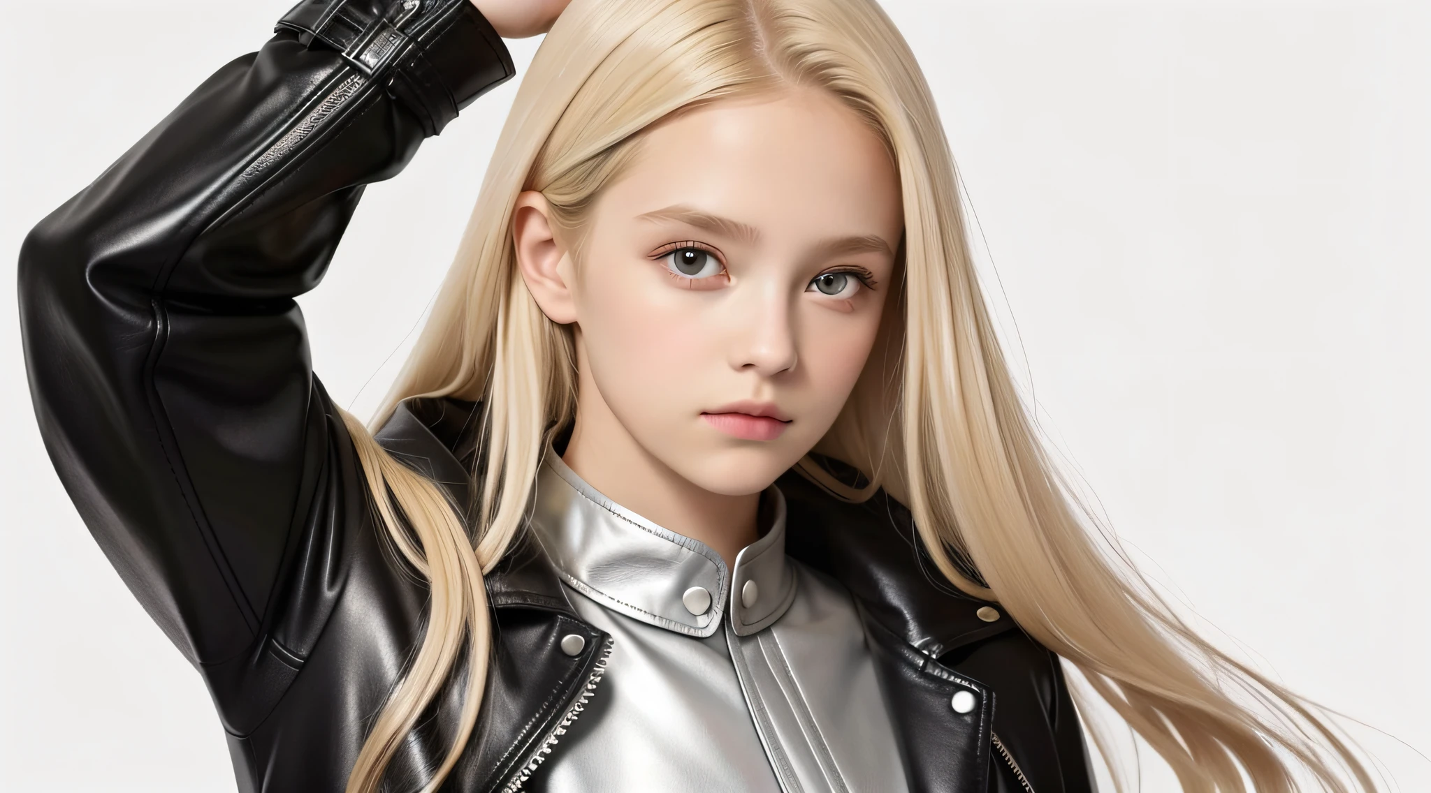 CHILDREN girls 10 years old, BLONDE hair long hair, SILVER leather jacket, masterpiece, best quality, realistic, broad shoulders, small head, upper body, (white background: 1.3), closed mouth.