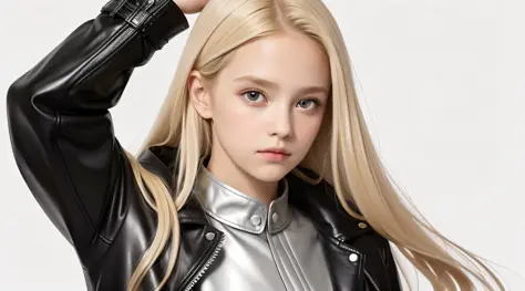 CHILDREN girls 10 years old, BLONDE hair long hair, SILVER leather jacket, masterpiece, best quality, realistic, broad shoulders...