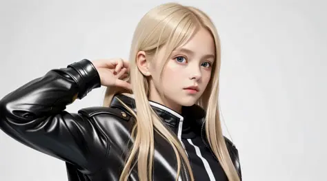 children girls 10 years old, blonde hair long hair, silver leather jacket, masterpiece, best quality, realistic, broad shoulders...