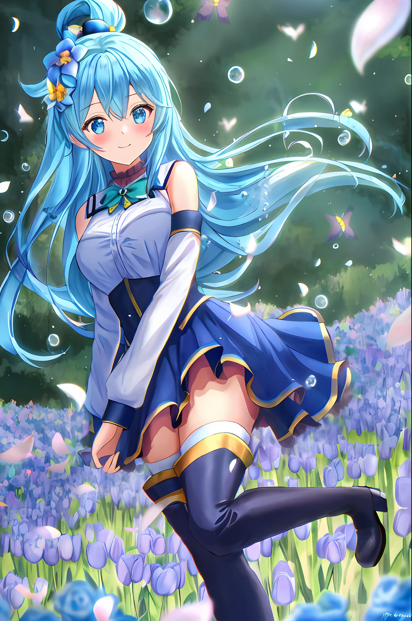 aqua \(konosuba\), style mksks, (very detailed background:1.0), (highly detailed background:1.0), {Masterpiece}, High Quality, 1girl, blue eyes, blue shoes, blue hair, blue thighs, blush, boots, flower field, flowers:2, motion blur, roses, tulips, (summer: 1.2), bubble, highlighted sleeves, hair ornament, hair rings, leg up, long hair, looking at the viewer,  medium breasts, open hand, single hair ring, skirt, smile, solo, standing, standing on one leg, thigh boots, thighs, very long hair, water, white thighs, (falling flower petals), chromatic aberration, depth of field, soft lighting, birds flying, butterflies flying