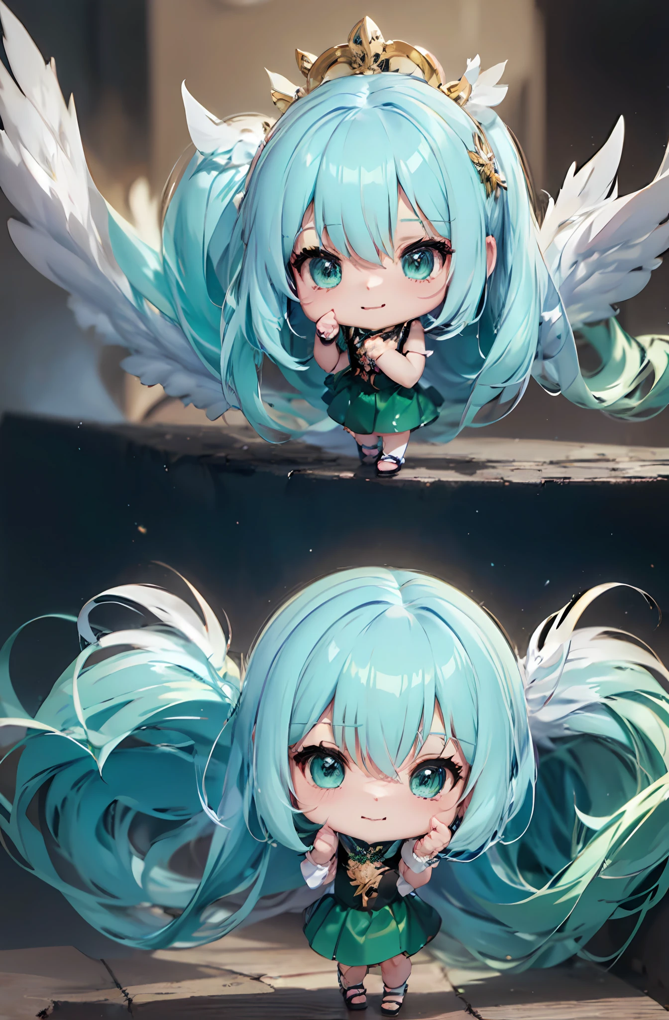 One anime angel doll, (Chibi: 1.2), 8K high quality detail art, white feathers on the back, emerald green hair, gradient, twinkle, style as Nendoroid, stylized anime, anime style 4K, cute detailed digital art, Guweiz style artwork, 8K octar rendering photos, advanced digital chibi art, Cute 3d render, anime style, light, glow