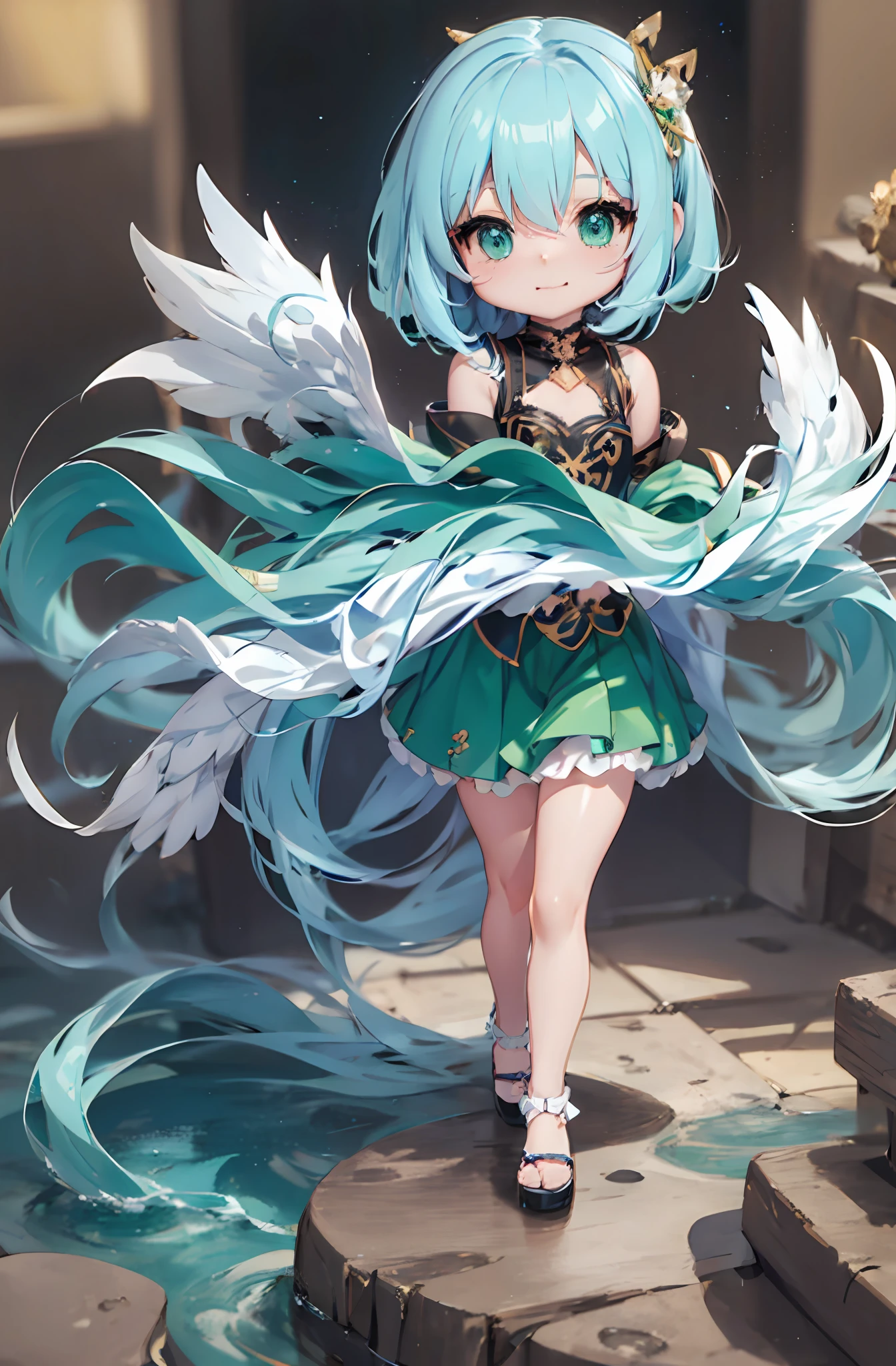 Une poupée ange anime, (chibi: 1.2), Art détaillé 8K de haute qualité, plumes blanches sur le dos, Cheveux vert émeraude, pente, scintillement, style comme nendoroid, animé stylisé, Style animé 4K, joli art numérique détaillé, oeuvre de style guweiz, Photos de rendu octar 8K, art chibi numérique avancé, rendu 3D mignon, Style animé, Lumière, briller