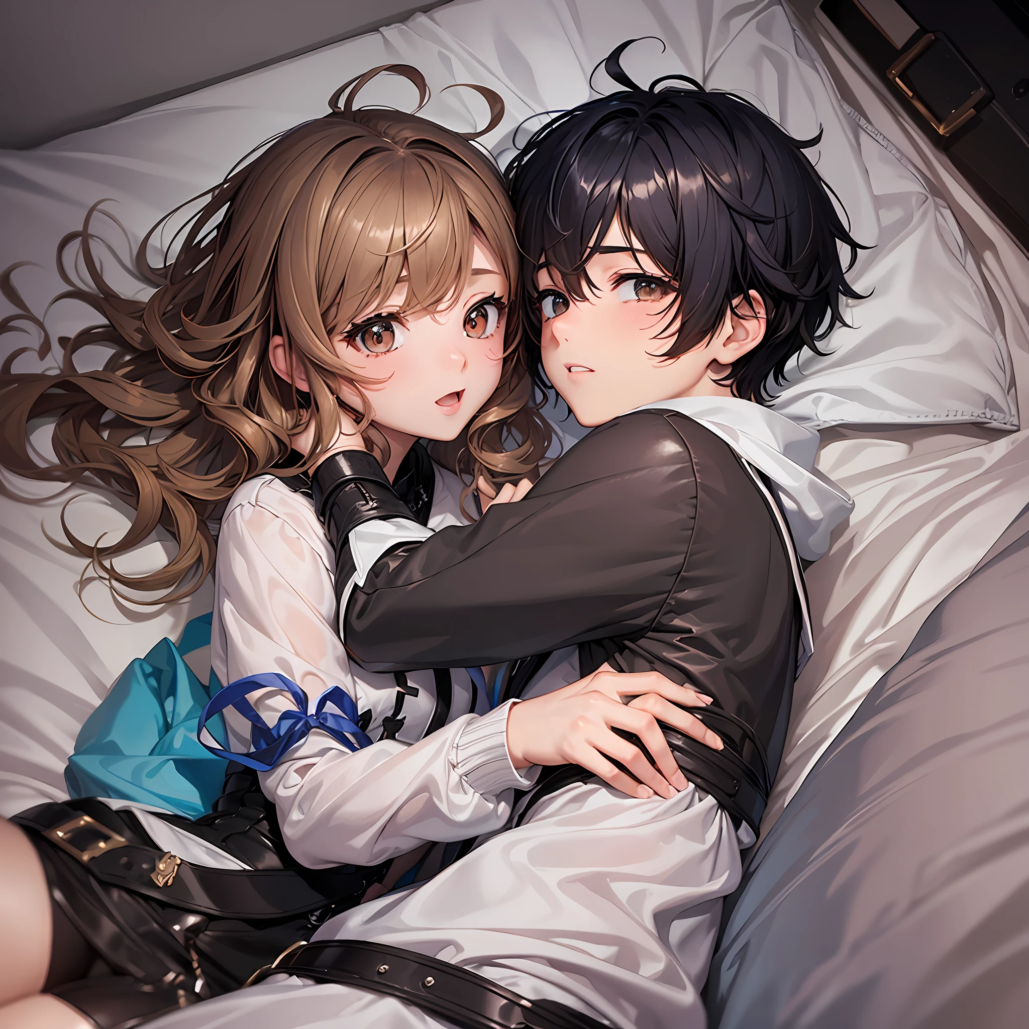 Anime couple laying in bed with their arms around each other - SeaArt AI