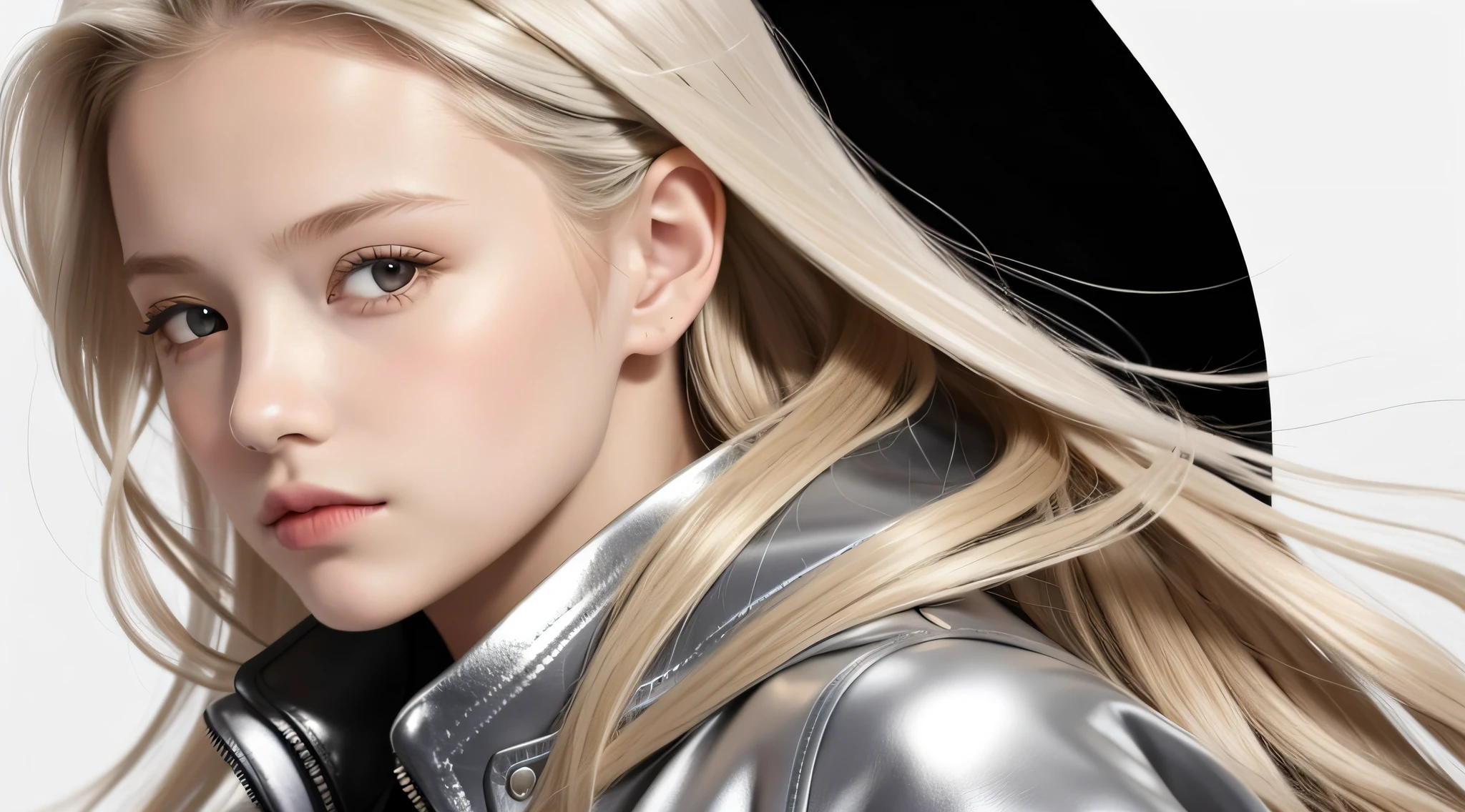 CHILD girl 10 years old, hair BLONDE long hair, SILVER leather jacket, masterpiece, best quality, realistic, broad shoulders, small head, upper body, (white background: 1.3), mouth closed.