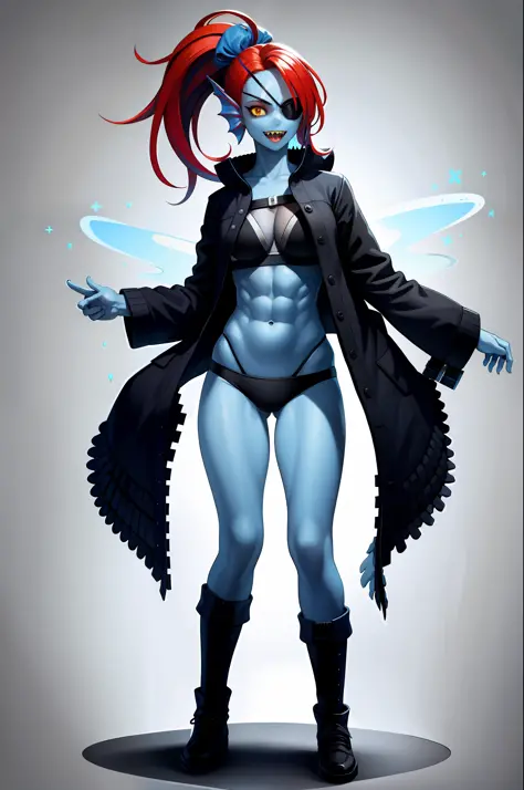 (Masterpiece, Best Quality, High Quality, Highres:1.4), Detailed, Extremely Detailed, Ambient Soft Lighting, 4K,

Black Background, Simple Background, 

1Girl, (Solo:1.4), (Blue Skin:1.6), Standing, full Body, (undyne:1.2), 

(Red Hair:1.2), High Ponytail,...