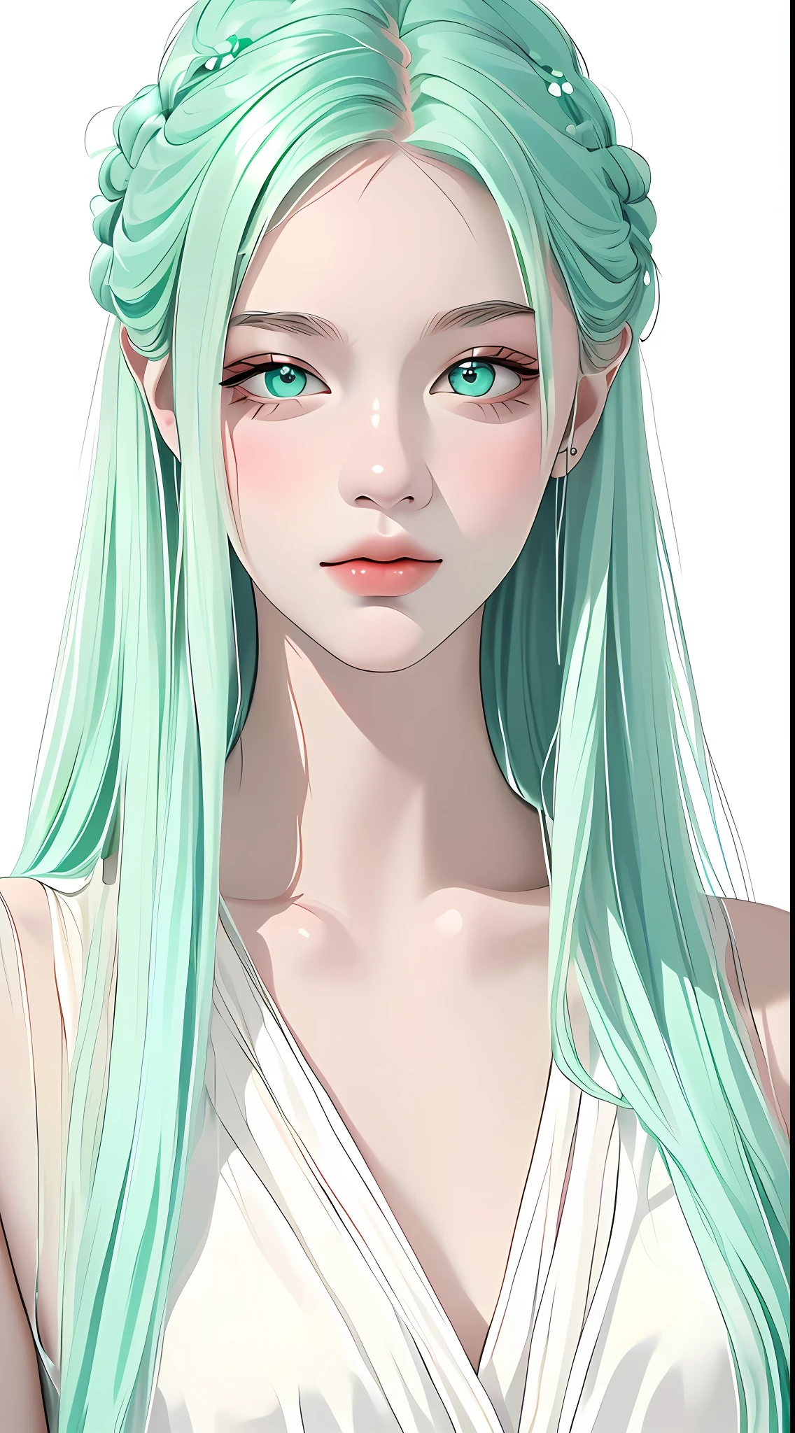 Masterpiece, best quality, an extremely delicate beautiful girl, super detailed, highly detailed, best quality, a girl with mint hair, beautiful mint eyes, high resolution, very detailed, 1girl, best quality, looking at the viewer, impasto, realism, real, white background