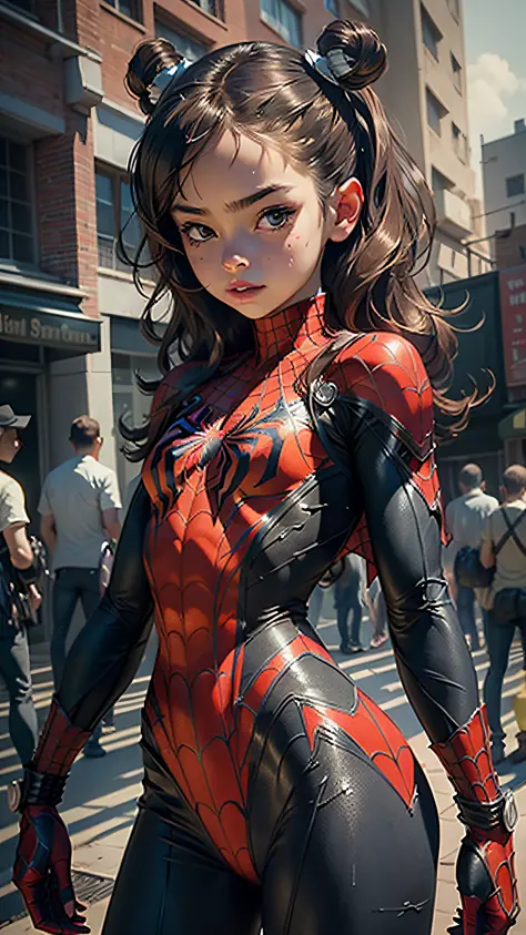 Beautiful 5 year old girl detailed definition body using Spider-Man cosplay, small breasts