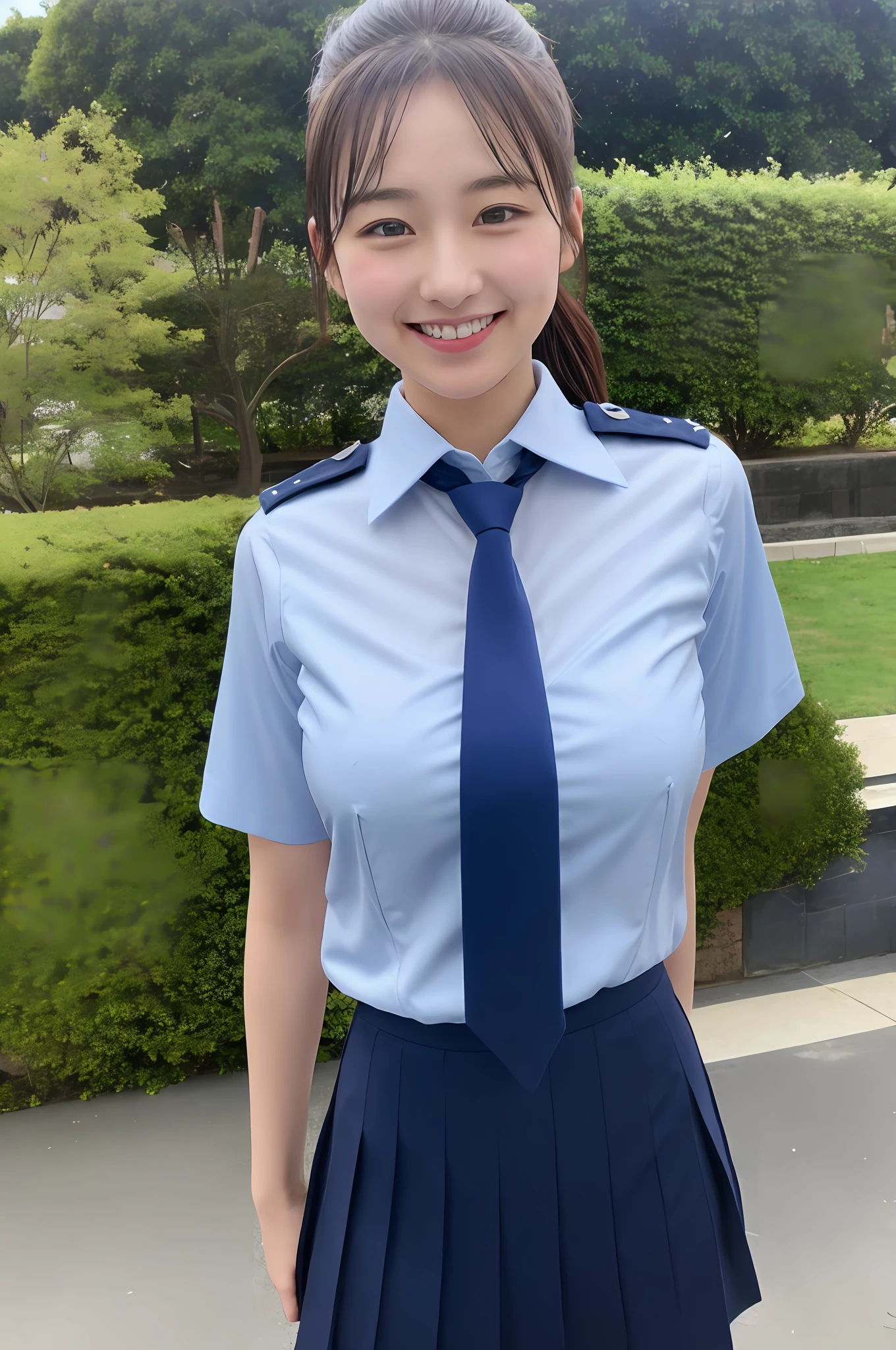 big breasts, big, big, ponytail, uniform, navy blue tie, navy blue skirt, light blue shirt, gravure idol, waterside, wet, smile