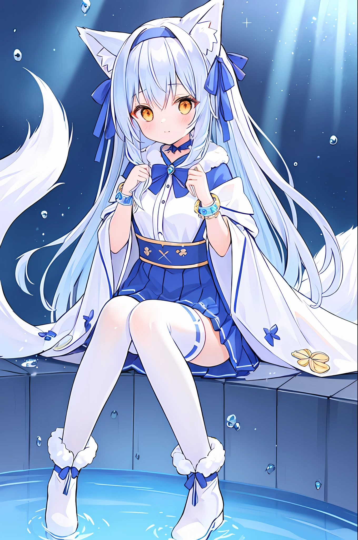 masterpiece, best quality,1girl, fox girl,monochrome,
blue hair,fluffy hair,long hair, light blue hair ribbon,
fluffy ears,fox ears, fluffy tail,fox tail, orange eyeshadow, golden eyes,
white short skirt ,spiral magic pattern blue cloak,soft leather boots, layers of blue tassels,silver bracelet,blue soft cloth headband, light blue hair ribbonm,water drop-shaped sapphire,fluffy legwear,
charming,delicate and beautiful,