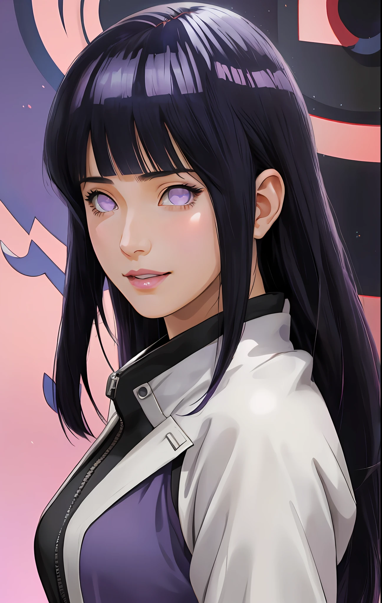 a girl with long blue hair and a gray shirt, hinata hyuga, hinata hyuga from naruto, she has black hair with blunt bangs, realistic, with long dark hair, from naruto, blunt bangs, purple eyes, pink lips, (realistic hair:1.3), (long hair:1.3), (light smile:1.3), detailed character, realistic character, blushing,  (beautiful face:1.3), (detailed eyes:1.3), pretty, medium breast, eyelashes