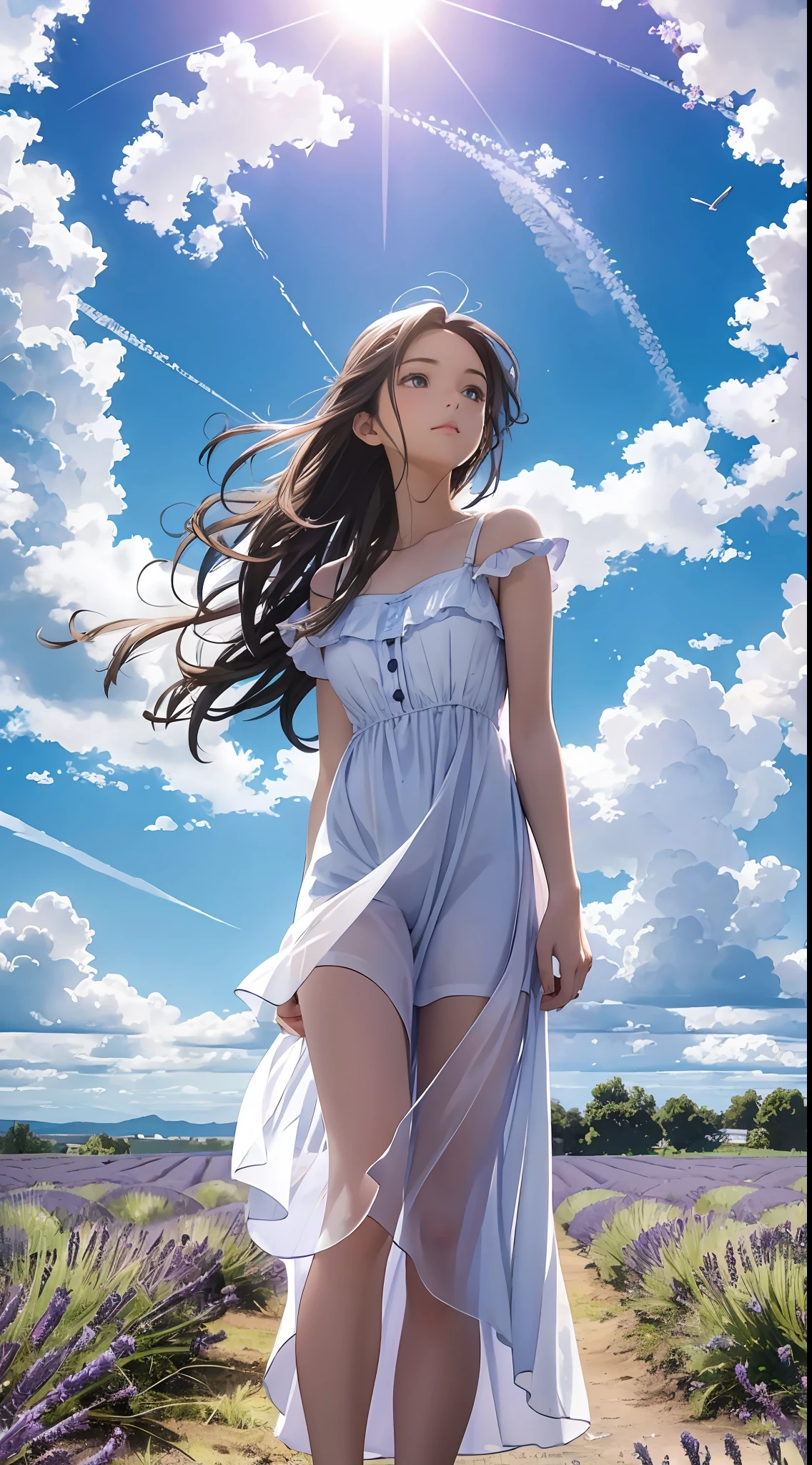 lavender field, blue sky, white cumulonimbus, contrails, shining sun, lavender flowers shimmering in the wind, photo quality, live action, reality, transparency, realistic depiction, 8K quality, UHD, DSLR, high quality, film grain, fujifilm XT3, girl in white camisole dress, standing figure, barefoot, hair swaying in the wind, hair up to shoulders, big, big eyes,