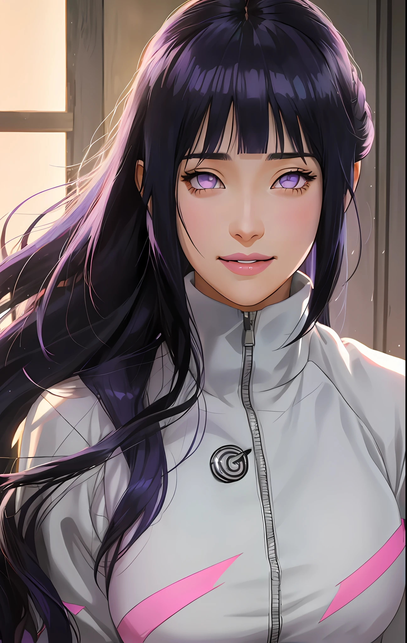 ein Mädchen mit langen blauen Haaren und einem grauen Hemd, Hinata Hyuga, Hinata Hyuga von naruto, she has black hair with stumpfer Pony, Realistisch, mit langen dunklen Haaren, von naruto, stumpfer Pony, lila Augen, pinke Lippen, (Realistisch hair:1.3), (lange Haare:1.3), (leichtes Lächeln:1.3), detaillierter Charakter, Realistisch character, Erröten,  (schönes Gesicht:1.3), (detaillierte Augen:1.3), hübsch, mittlere Brust, Wimpern