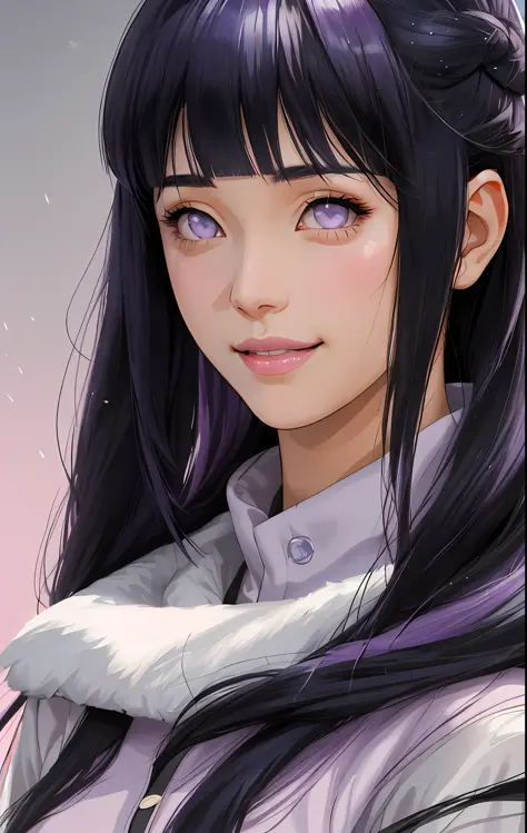 a girl with long blue hair and a gray shirt, hinata hyuga, hinata hyuga from naruto, she has black hair with blunt bangs, realis...