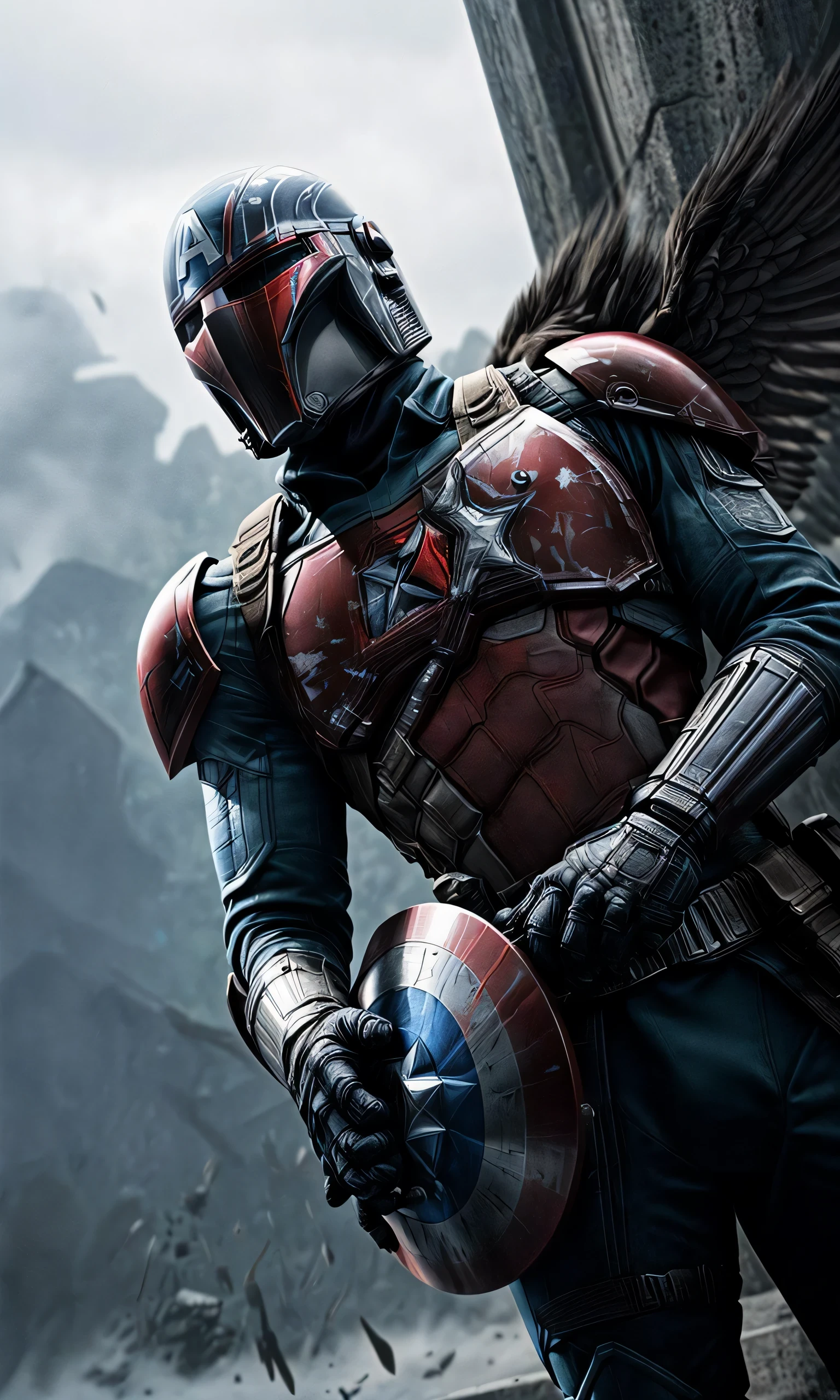 Illustration du corps entier extrêmement détaillée et ultra réaliste de Captain America en tant que Mandalorien, son casque conservant le design ailé A de son masque classique, s’harmonise parfaitement avec le casque traditionnel Mandalorian T - à visière. Le reflet du casque capture l’intensité de la scène de bataille qui l’entoure. Il tient son bouclier emblématique, qui présente maintenant un mélange d’esthétique de vibranium et d’acier beskar, reflétant le monde qui l’entoure dans sa surface polie. Sa posture est vigilante et prête au combat. La toile de fond est un, Champ de bataille rempli de fumée sous un ciel couvert, comme s’il était rendu par Unreal Engine 5, donnant un sentiment tangible de danger imminent et d’enjeux élevés. Cette pièce porte une influence d’anime car elle s’inspire du modèle Niji, Ajout d’un côté stylisé à l’hyper-réalisme. Orientation portrait avec un rapport de 9: 16 complète la composition épique.,