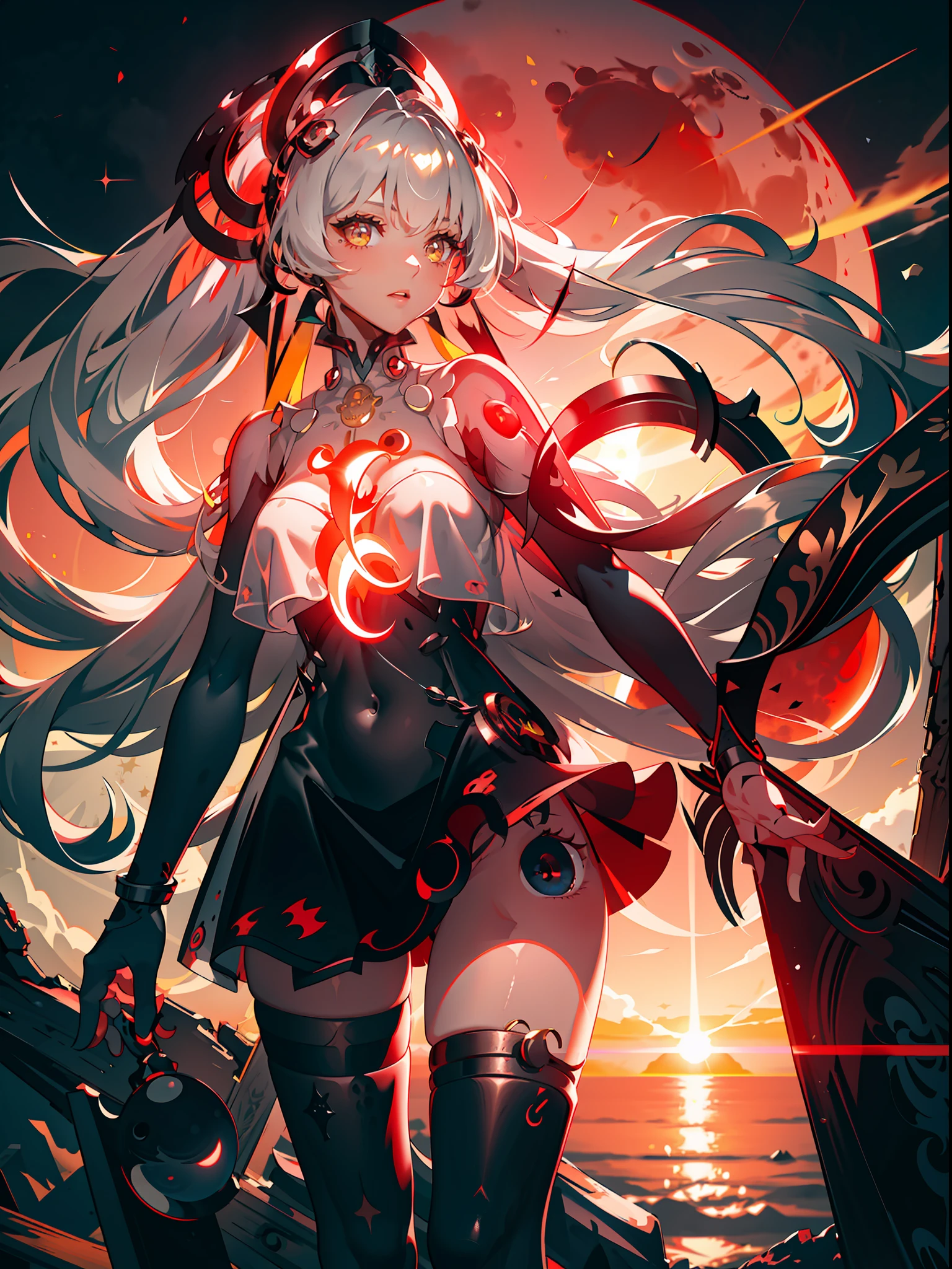 Against the background of the red moon and starry sky in the middle of the screen, there is a girl wearing a hair ornament with bangs, a double ponytail and long hair. Her eyes were yellow and the sunlight shone through her hair. It was a very beautiful sunset scene. (Type: Sunset)