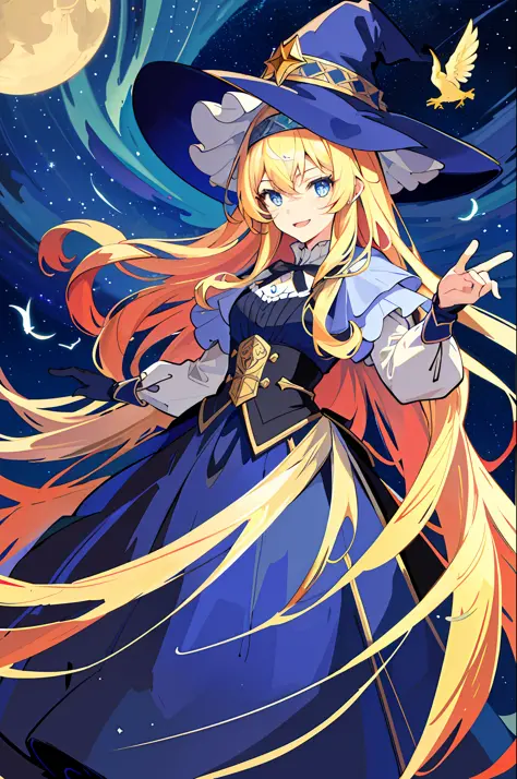 ((masterpiece:1.2, best quality)), 1girl, solo, (witch hat), blonde, long hair, skirt, aurora, night, stars (sky), gloves, sky, ...