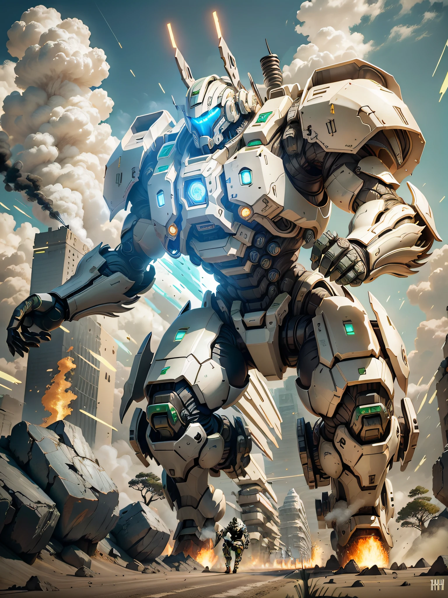 giant humanoid type battlemech, simple forms, ((massive armor plates)), armed with big gun in right hand, (bright white armor plates, JADE structural elements,  vivid color palette), running on battlefield running through smoke and explosions