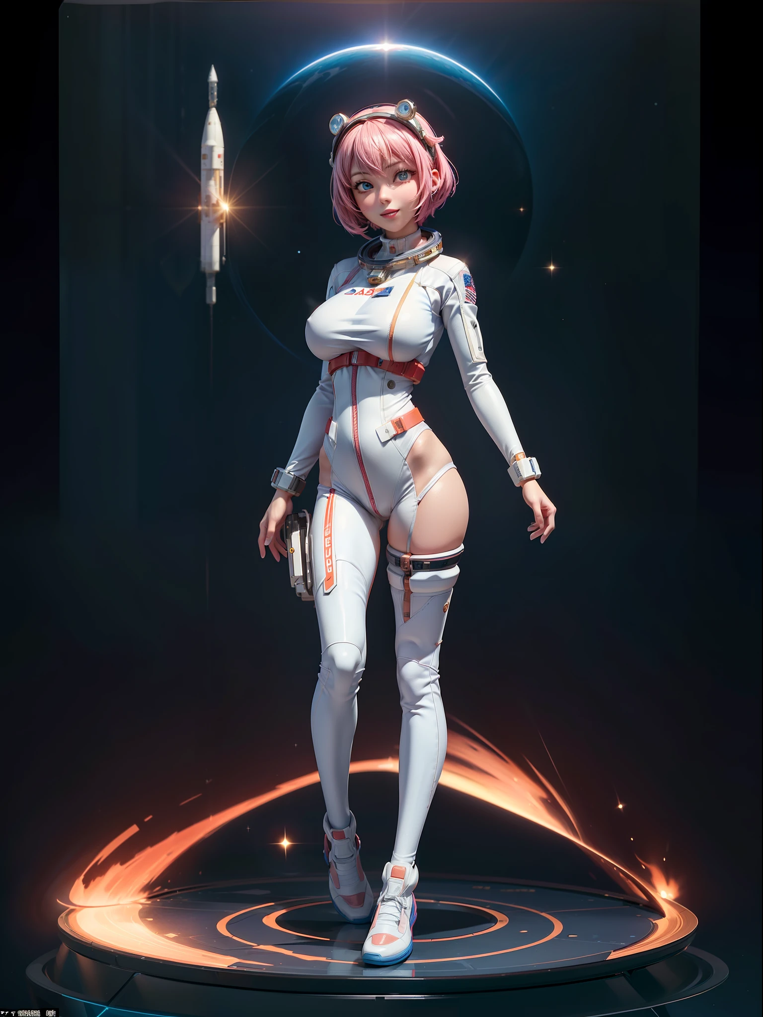 ((Full body):2) {((Alone/A woman/standing):1.5)}: ((wearing a NASA astronaut suit, with headgear with transparent glass):1.2), ((extremely large breasts ):1.2), ((shimmering blue eyes, short pink hair)1.3), ((looking at viewer with loving eyes, smile):1.2), ((erotic pose):1.3), \n She is (( flying in outer space, planet Earth in the back, NASA space rocket on the side):1.2), anime, anime-style, 16k, ((best quality, high details):1.4), masterpiece, UHD