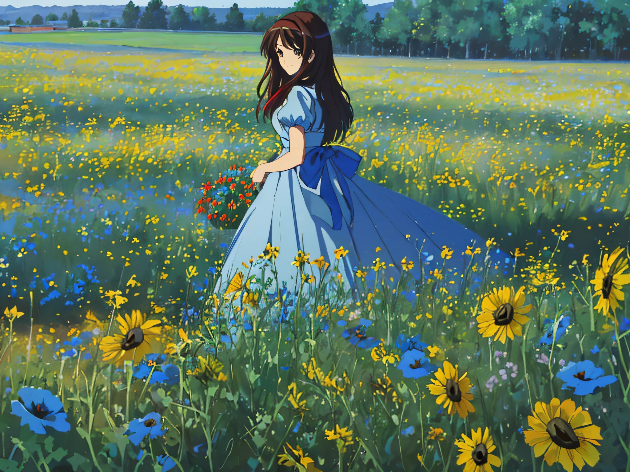 ((Meisterwerk)), (8k, Hoch_Auflösung),(beste Qualität), 1 Mädchen, Allein, Haruhi Suzumiya, (Kleid, white-blue-red Kleid, the upper part of the Kleid is white, the middle part of the Kleid is blue, the lower part of the Kleid is red, Kleides in the colors of the French flag, sehr detailliertes Gesicht, geheimnisvoller Blick, kein Lächeln) Wiese, Feld, large Feld, Wiese flowers and grasses, Landschaft, verlassen, (Dämmerung), keine Sonne, Dämmerung, summer, Kyoani Haruh style, (Wiese white and blue and red flowers,  weiße Mohnblüten, keine Bäume, kein Wald, only Wiese, only Wiese with flowers), keine Sonneflowers, keine Sonneflowers