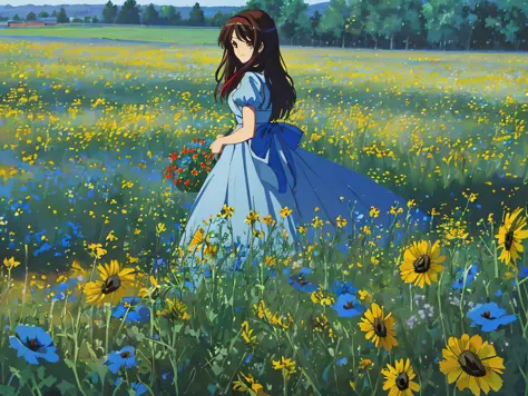 ((masterpiece)), (8k, high_resolution),(best quality), 1girl, solo, Haruhi Suzumiya, (dress, white-blue-red dress, the upper par...