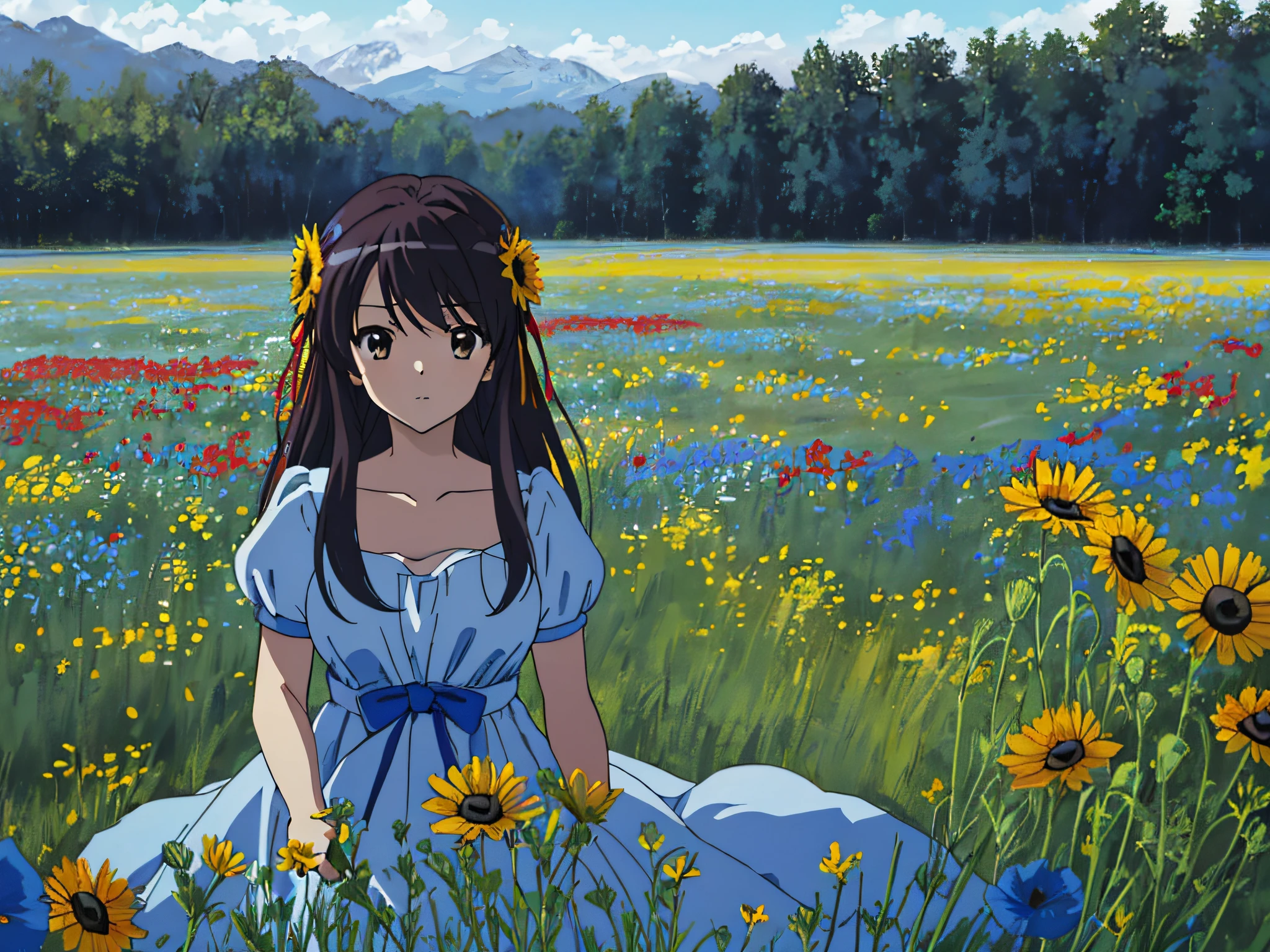 ((obra maestra)), (8K, alto_resolución),(mejor calidad), 1 chica, solo, Haruhi Suzumiya, (vestido, white-blue-red vestido, the upper part of the vestido is white, the middle part of the vestido is blue, the lower part of the vestido is red, vestidoes in the colors of the French flag, cara muy detallada, mirada misteriosa, sin sonrisa) meadow, campo, large campo, Flores y hierbas del prado, paisaje, Abandonado, (oscuridad), no sun, crepúsculo, Verano, Estilo Kyoani Haruh, (Prado flores blancas y azules y rojas,  Flores de amapola blanca, sin arboles, sin bosque, solo prado, solo prado with flowers), Sin girasoles, Sin girasoles