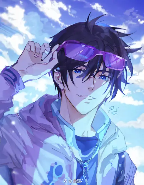 anime boy with purple glasses and a purple jacket, handsome anime pose, tall anime guy with blue eyes, anime handsome man, makot...