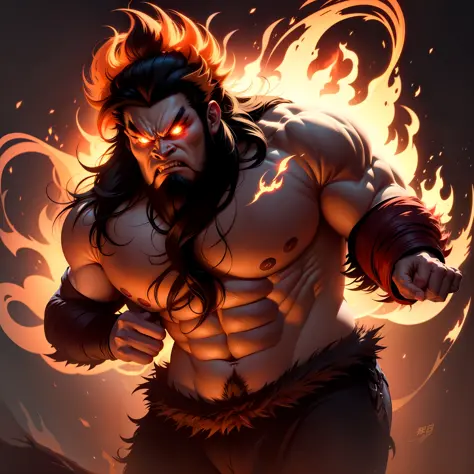 king kongoming, a young angry ghost, with angry eyes, his hair standing upside down like flames, full of fire, big flames.