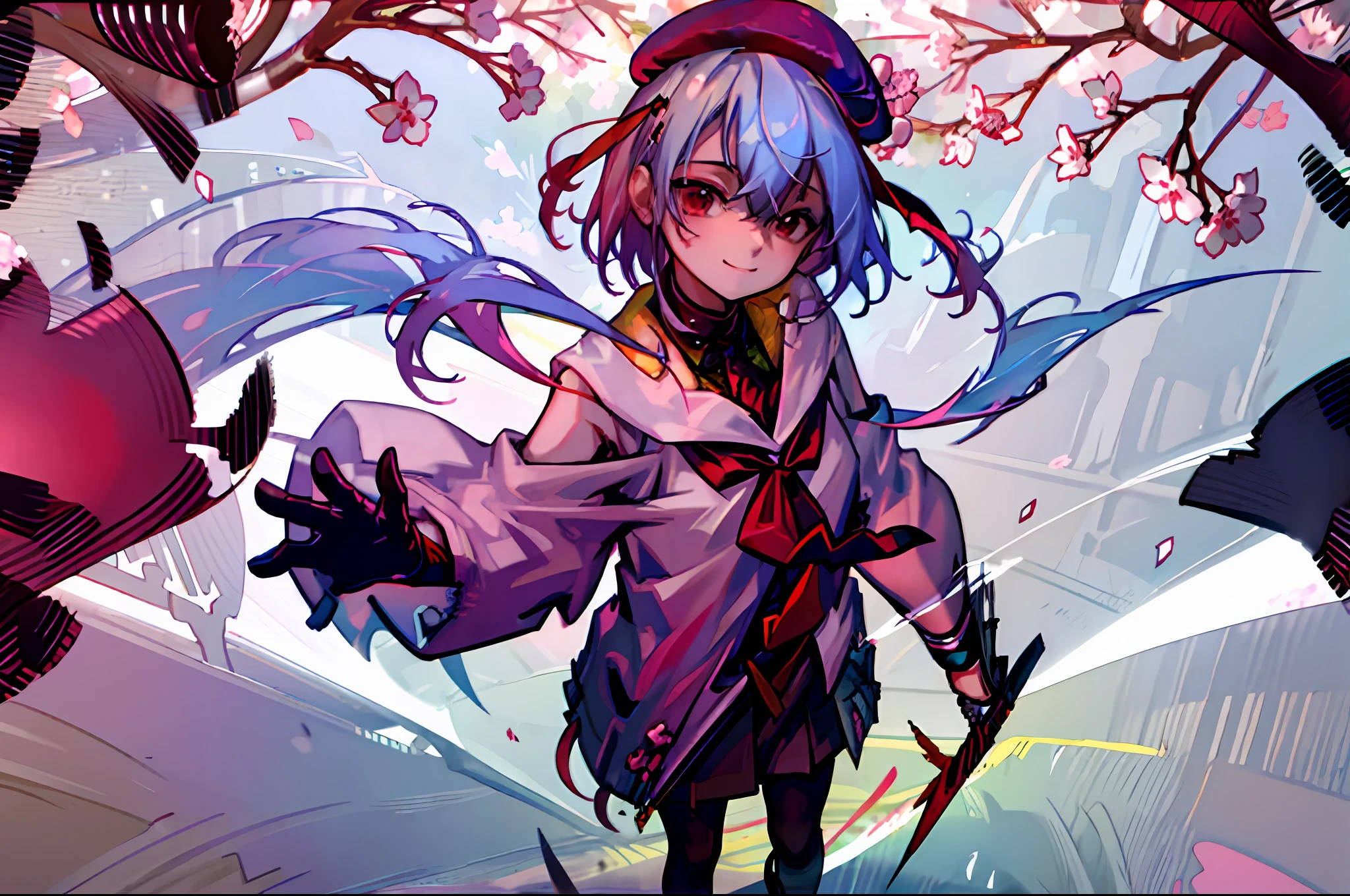 1boy, solo, teenage, portrait, looking at viewer, school uniform, suit, handbag, long black coat, berets, mizuki, (red tie:1.5), short hair, light blue hair, smile, shut up, hand pocket, spring, (sunny: 1.2), cherry blossoms, cherry blossoms, floating flowers, falling flowers, rock path, moss, shade, school, gate, mizuki, walk, depth of field,