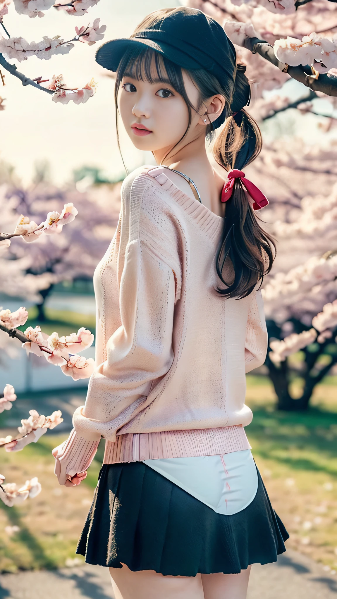 Una mujer con un suéter rosa y una falda negra parada debajo de un árbol -  SeaArt AI