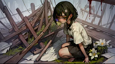 a girl, dark green hair, short hair, barefoot, (gloomy), cold expression, empty eyes, some blood stains on her body, looking int...