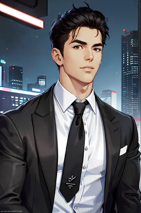 (ridiculous, high resolution, super detailed, realistic,), 1 male, soloist, handsome, cool, handsome, extremely short hair, black hair, brown eyes, angular chin, thick neck, thick eyebrows, night, dark, night city background, formal wear, tie, bust, cyberp...
