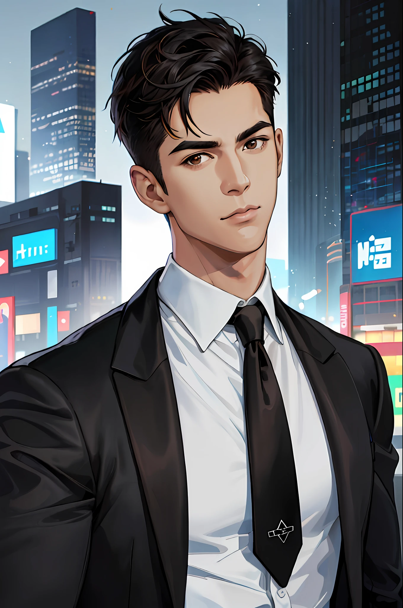 (ridiculous, high resolution, super detailed, realistic,), 1 male, soloist, handsome, cool, handsome, extremely short hair, black hair, brown eyes, angular chin, thick neck, thick eyebrows, night, dark, night city background, formal wear, tie, bust, cyberpunk,