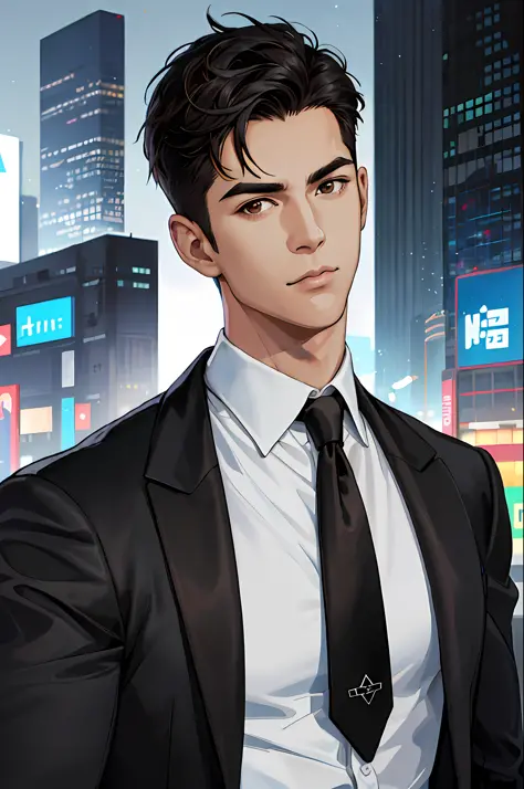 (ridiculous, high resolution, super detailed, realistic,), 1 male, soloist, handsome, cool, handsome, extremely short hair, black hair, brown eyes, angular chin, thick neck, thick eyebrows, night, dark, night city background, formal wear, tie, bust, cyberp...