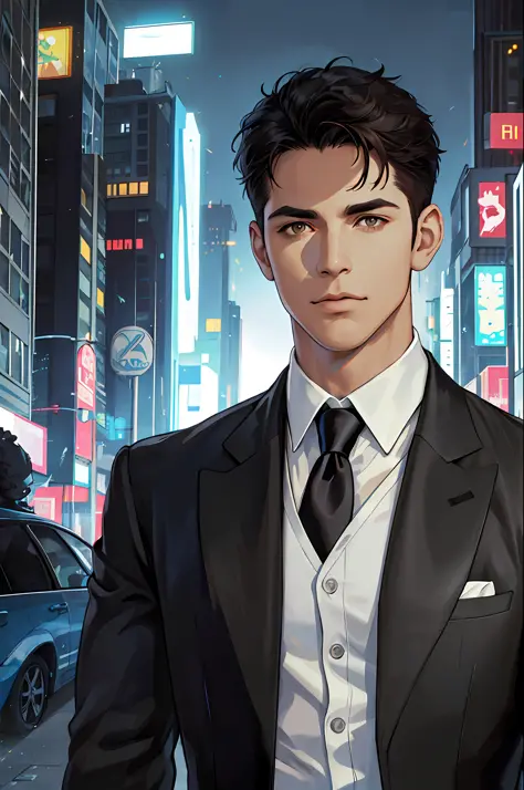 (ridiculous, high resolution, super detailed, realistic,), 1 male, soloist, handsome, cool, handsome, extremely short hair, black hair, brown eyes, delicate face, thick eyebrows, night, dark color, night city background, formal wear, tie, half, cyberpunk,
