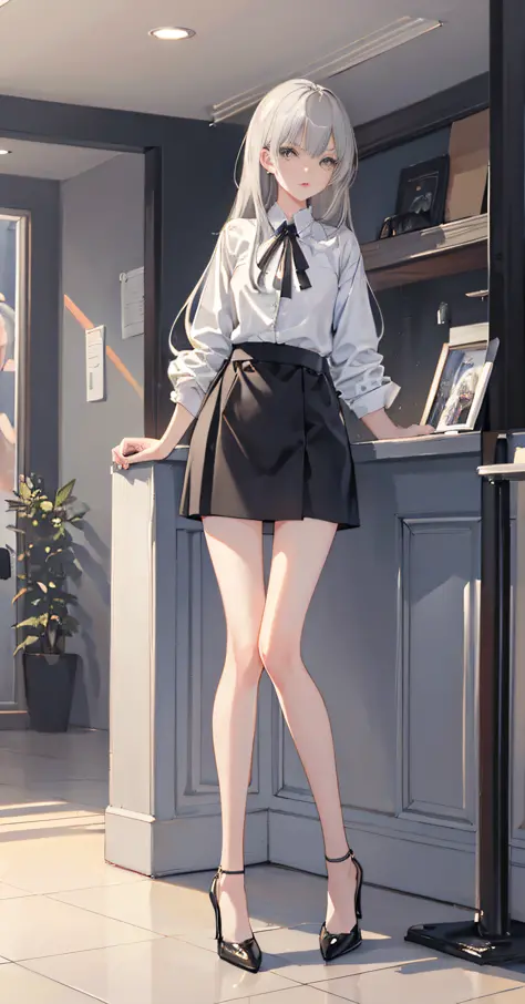 Original, (illustration: 1.1), (best quality), (masterpiece: 1.1), slender legs, high heels, gray hair, (beautiful clear backgro...