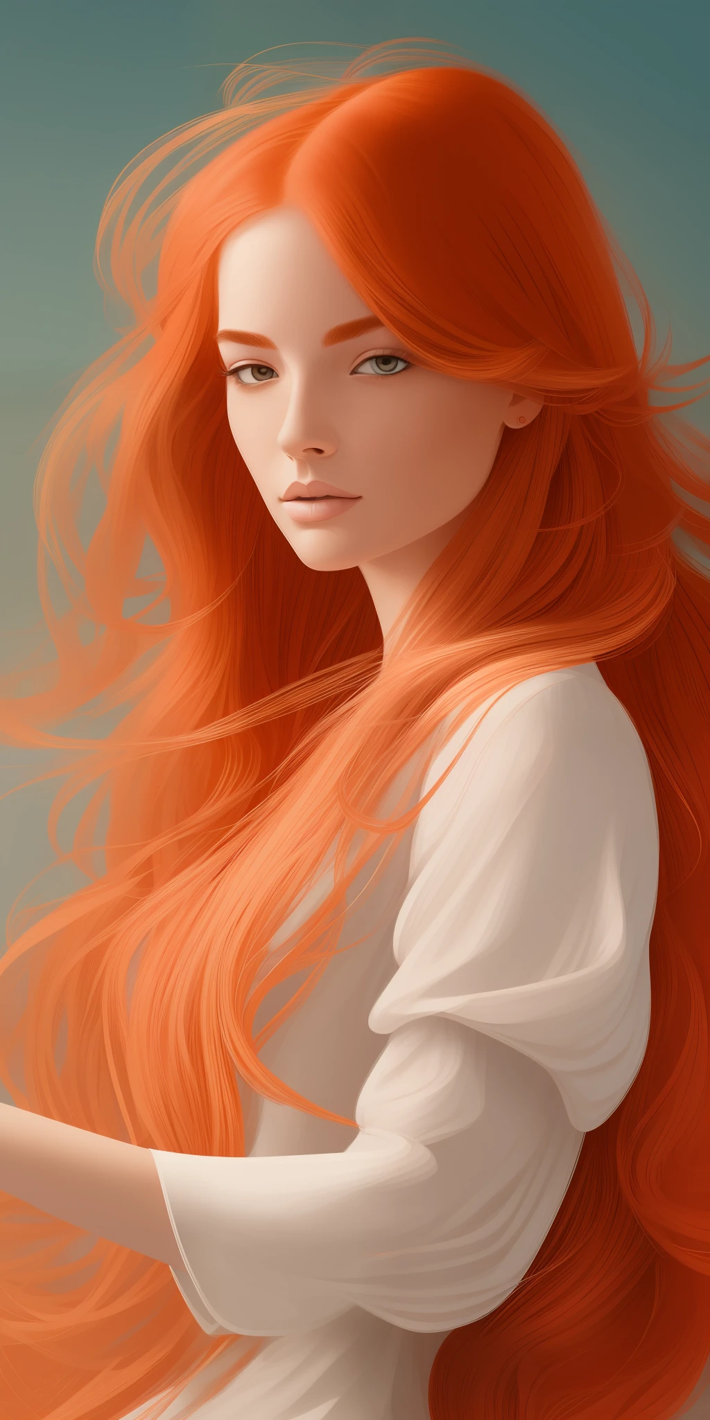 haute résolution,meilleur 8k,peinture d&#39;une femme aux cheveux rouges et à la chemise blanche, lois van rossdessine, cheveux roux lâches, Loïsh and Oups, cheveux roux ondulés, illustration numérique exquise, Mœbius + Loïsh + Oups, Oups Loïsh style and clamp, belle peinture de personnage, belle illustration numérique, artgerm et james jean, superbe illustration numérique, cheveux orange flottants