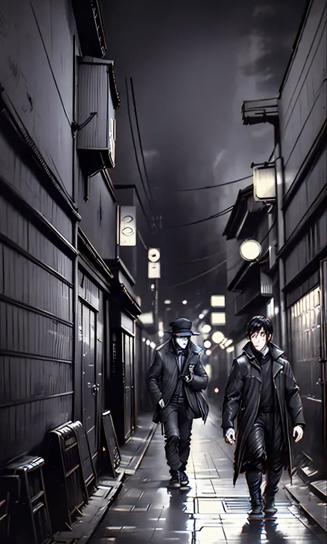overcoat man walking in an alley with another person leaning against the wall wet street in a city with buildings, Tokyo anime s...
