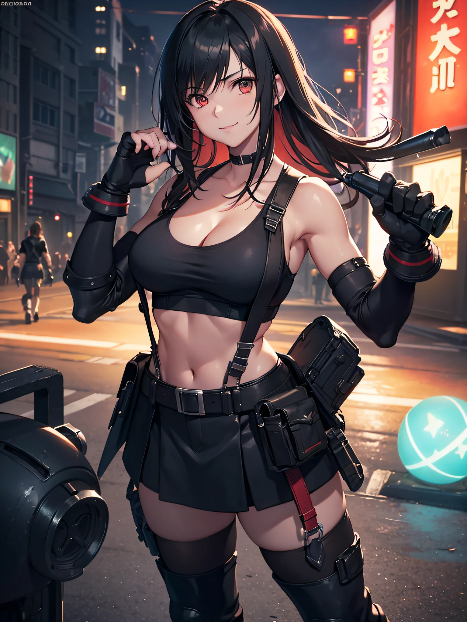(8K, Best Quality, Masterpiece: 1.2), (Realistic, Photorealistic: 1.37), Super Detail, One Girl, Cute, Solo, (Tifa Lockhart), (Big Breasts), (Beautiful Eyes), (Smile: 1.2), Closed, Model Pose, (Green Neon), Cityscape, Depth of Field, Dark Strong Shadows, Sharp Focus, Motion Blur, Depth of Field, composition, , Final Fantasy VII, (nose brush), single elbow pads, ankle boots, black hair, red boots, elbow gloves, elbow pads, fingerless gloves, sports bra, black skirt (suspenders), white tank top: 1.5, full body, headrest, beautiful face, long hair, (red_eyes), (night: 1.5), complex, Cinematic Lighting, Photon Mapping, Radiosity, Physically Based Rendering, (Tetsuya Nomura style), Perfect Breast, Cleavage: 1.2,