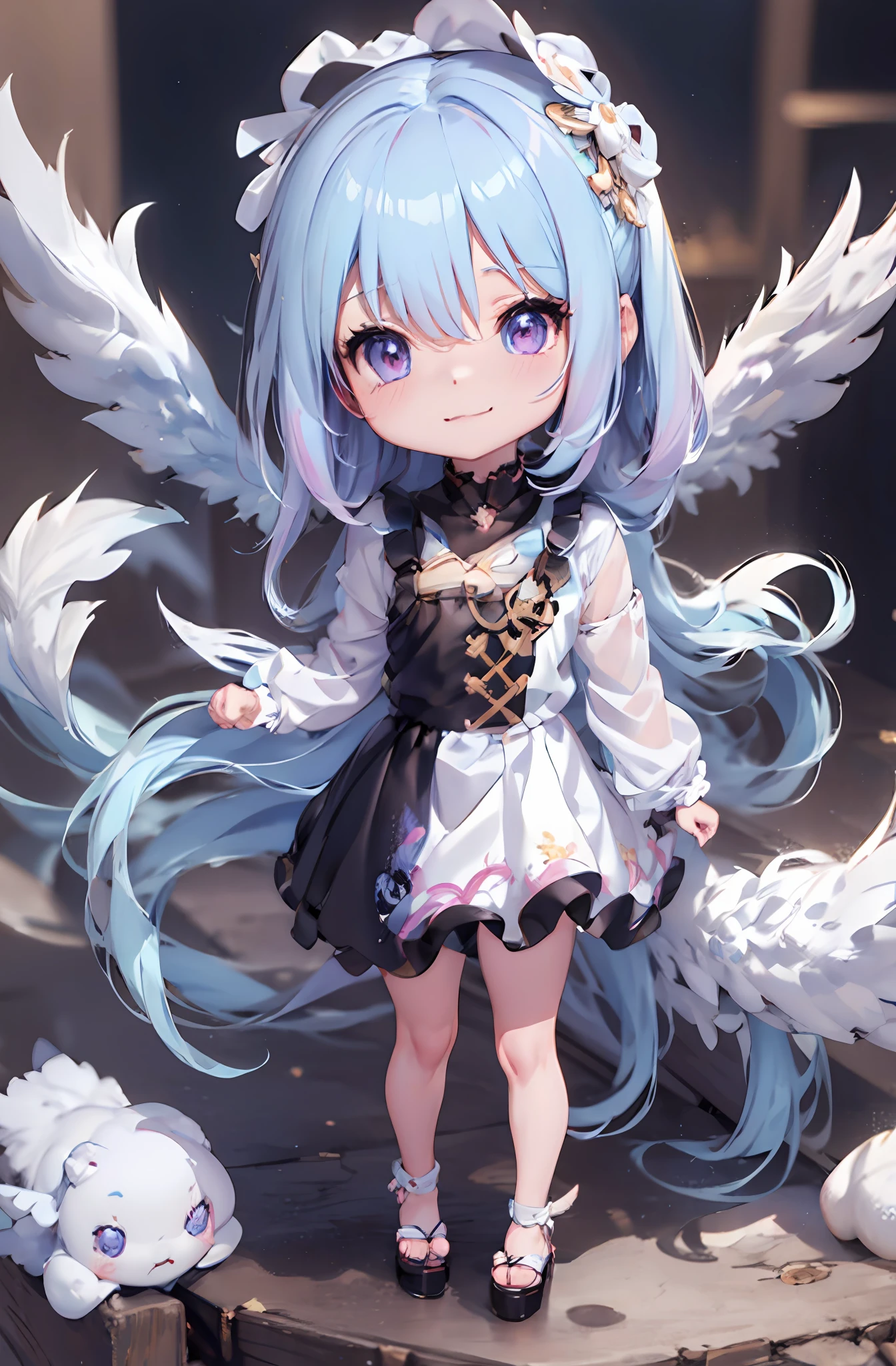 1 boneco de anjo de anime, (chibi: 1.2), Arte detalhada de alta qualidade em 8K, Penas brancas nas costas, Luz purple hair, Gradiente, Cintilação, estilo como nendoroid, anime estilizado, estilo anime 4K, Arte digital detalhada e fofa, Arte em estilo Guweiz, 8K octar renderizando fotos, arte chibi digital avançada, renderização 3d fofa, estilo anime, Luz, brilho