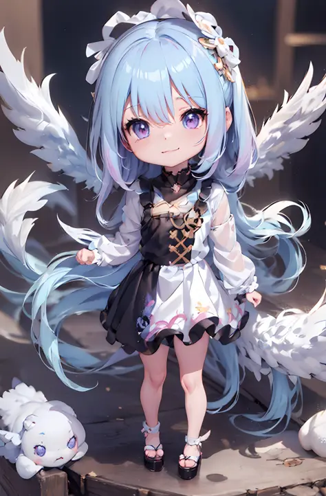 1 anime angel doll, (Chibi: 1.2), 8K high quality detail art, white feathers on the back, light purple hair, gradient, twinkle, ...