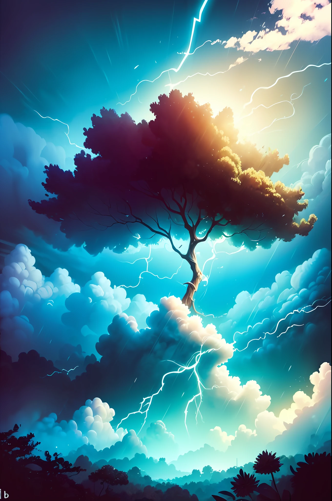 thunderstyle  ((masterpiece)), (((best quality))), ((ultra-detailed)), (Amazing:1.1), beautiful, nature, sky and ground, heavy wind, windsweeped, line cloud,Light shoot from the cloud, in a lush remote folige jungle with jungle wildlife and fauna,award winning photo, BLN-L24, Exposure,High Contrast,Low Saturation,High Saturation 8k 3D, F 2.8 lens, Aerial View, Cinematic lighting, Bubble Bujo,Southern Gothic,Gothic Lolita