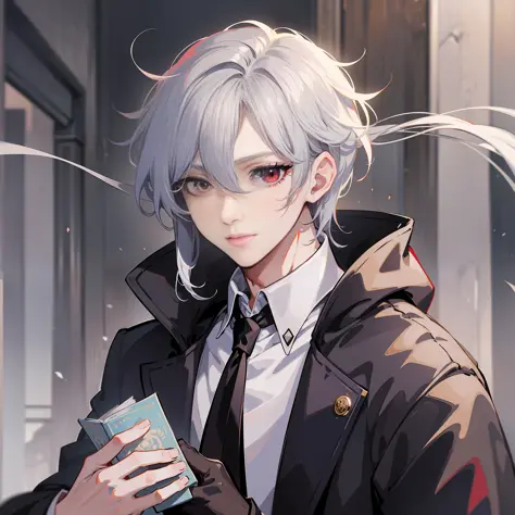Male character in anime with long eyelashes, solid round eyes, long hair, red eyes and moles under the eyes. His hair color is silver, black trench coat, relatively thin, white shirt, and holding a book in his hand. Handsome. This character appears in Roco...