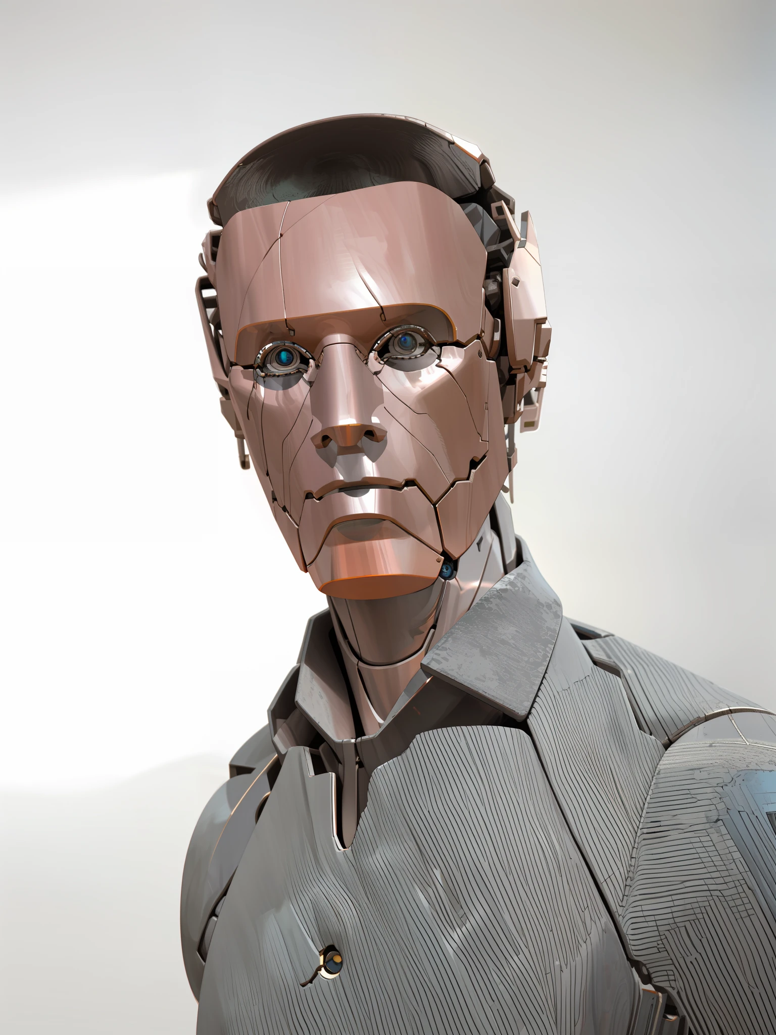 HD, (Best Detail) (Best Quality), Robot, Cool Colors, Master Painting, ((3D Model Style)), Eyes, Pupils, Araffed Man in Gray Shirt posing for photo