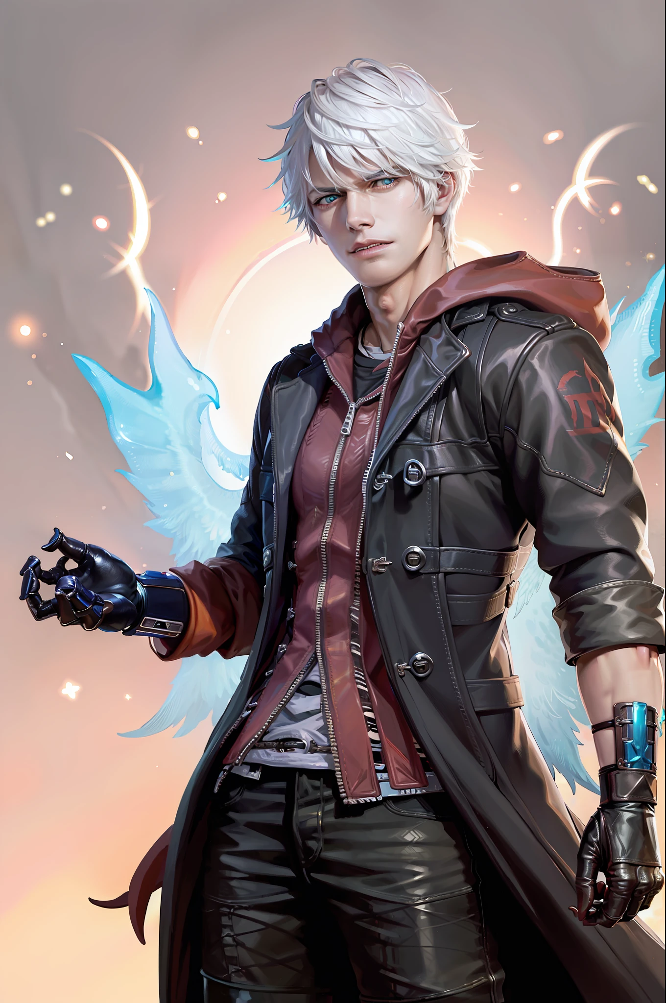 (masterpiece, best quality:1.2), cowboy shot, solo, male focus, 1boy, nero \(dmc4\), expressionless, closed mouth, looking at viewer, coat, hood, pants, (gloves:1.1)