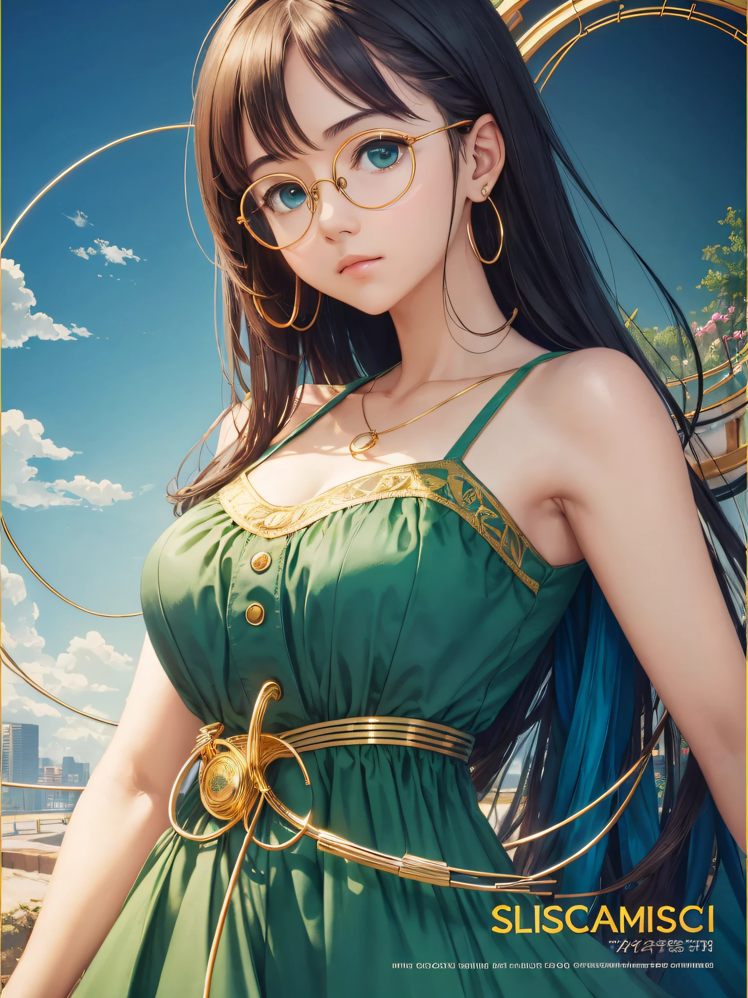 (Masterpiece, highest quality, super large resolution); (CG illustration); (a cute and cute girl); (sleepiness) (exhaustion); ((round-framed gold wire glasses)), (fashionable) (trendy); Rich colors, cyan, orange, yellow, green, cyan, blue, purple, fashion typography, magazine cover poster, hyper-detail, art, title, logo, label, badge, graphic design, detail post-processing, depth of field, high brightness, high saturation, more white space;