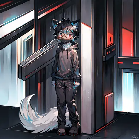 Solo, fluffy, shaggy male, juvenile, full body fur, gray-blue fur, white fur, gray-blue sweatshirt, gray-black trousers, black hair, black glasses, blue eyes, small canines, fluffy blue tail, male, short hair, anime, colored inner hair, fang, blunt bangs, ...